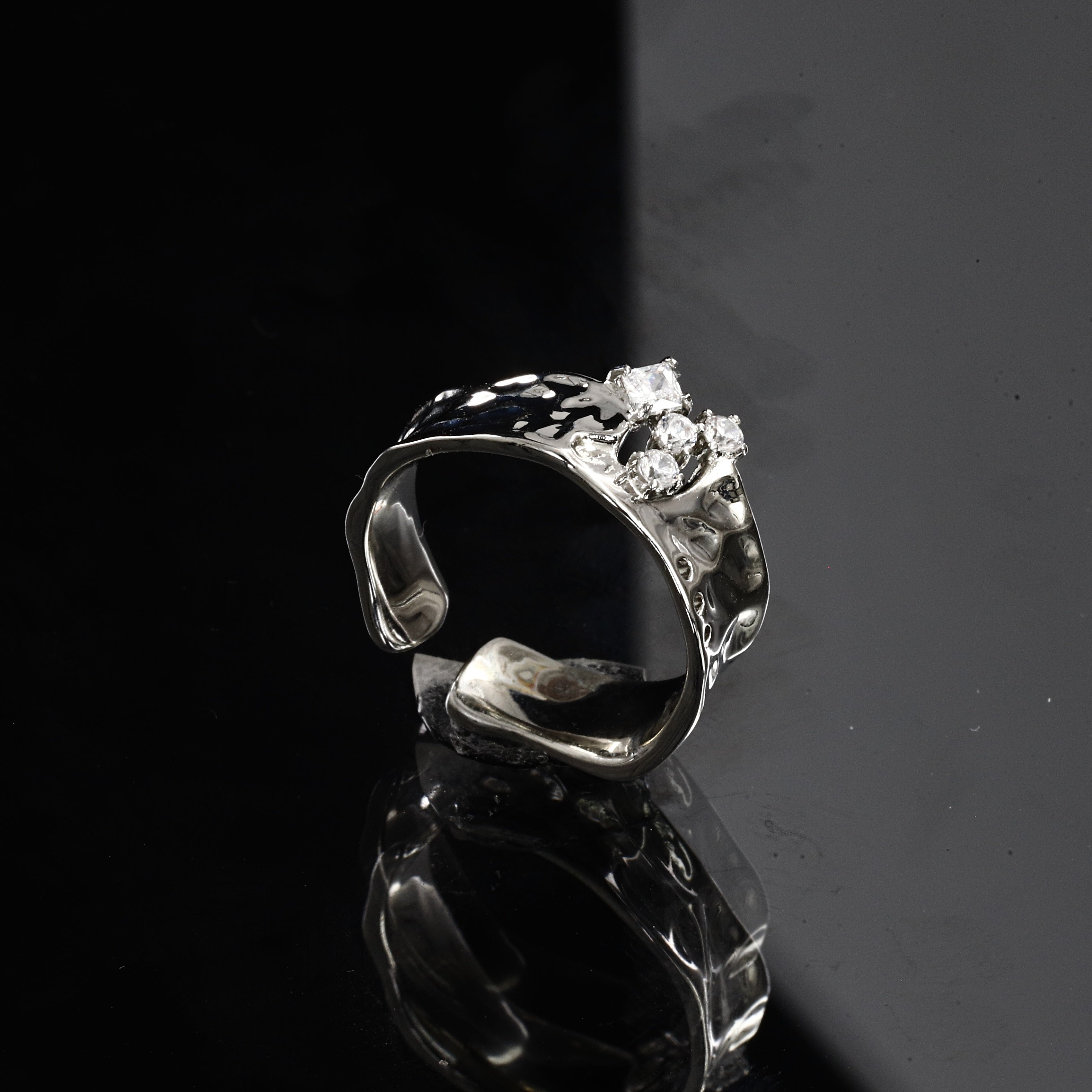 Organic Hammered Silver Adjustable Ring with Crystal Cluster