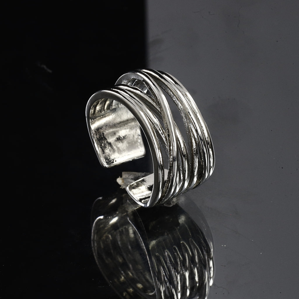 Silver Layered Open Band Adjustable Ring