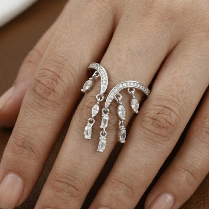 Crescent Moon Inspired Ring with Dazzling Marquise Dangles