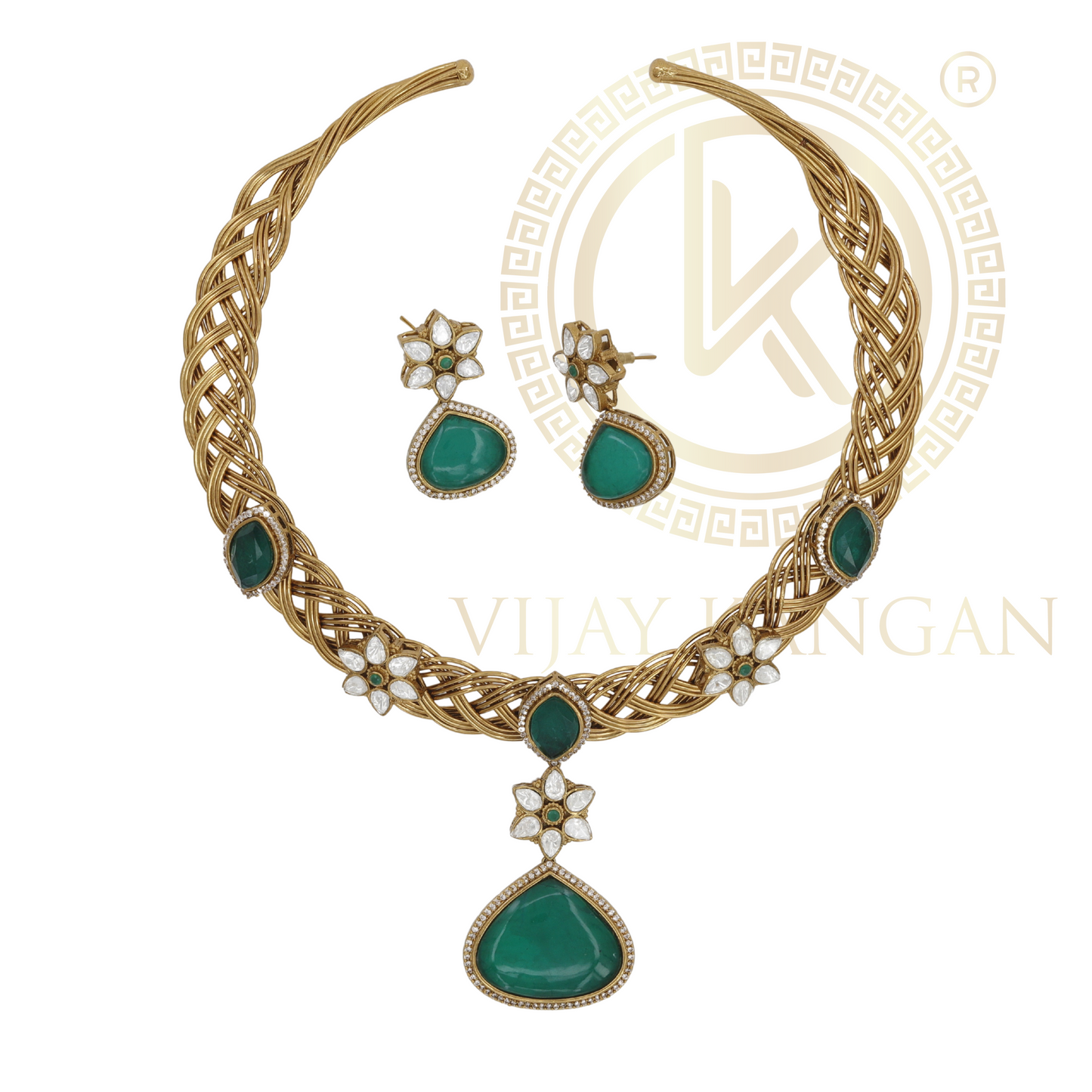 Floral Accent Gold Plated Hasli Necklace with Drop Earrings