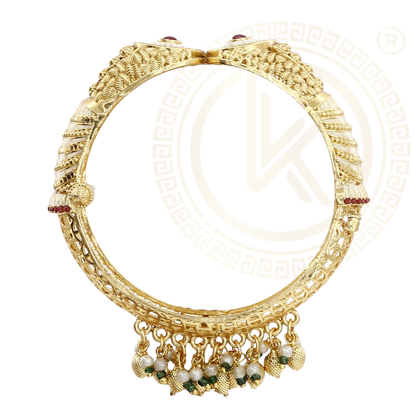 Designer Open Kada with Ruby & White Stone Accents