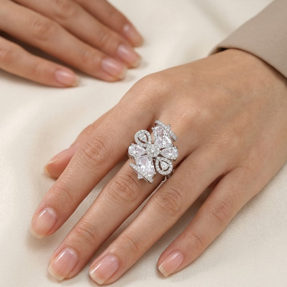 Silver Cocktail Elegant Crystal Floral Statement Ring