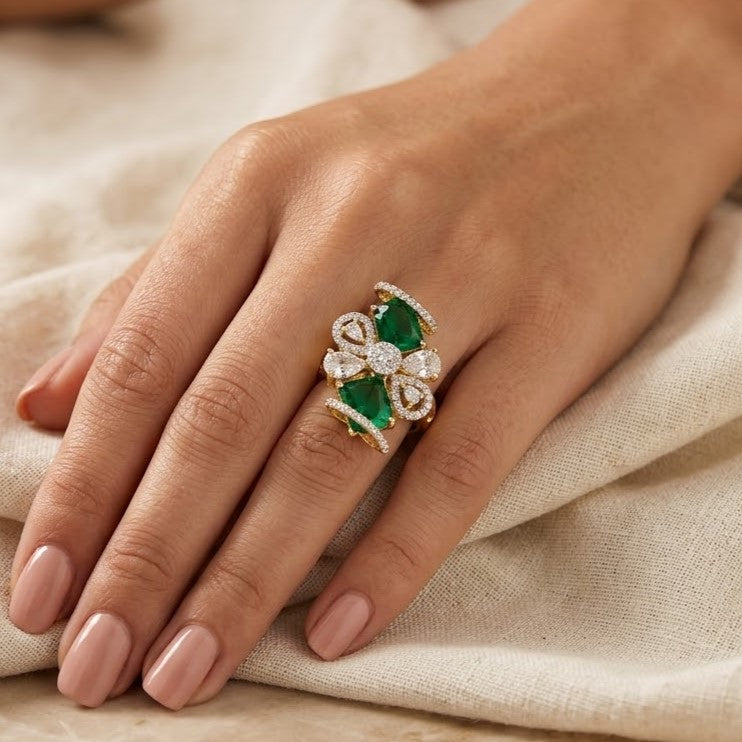 Gold Tone Cocktail Elegant Crystal Floral Statement Ring