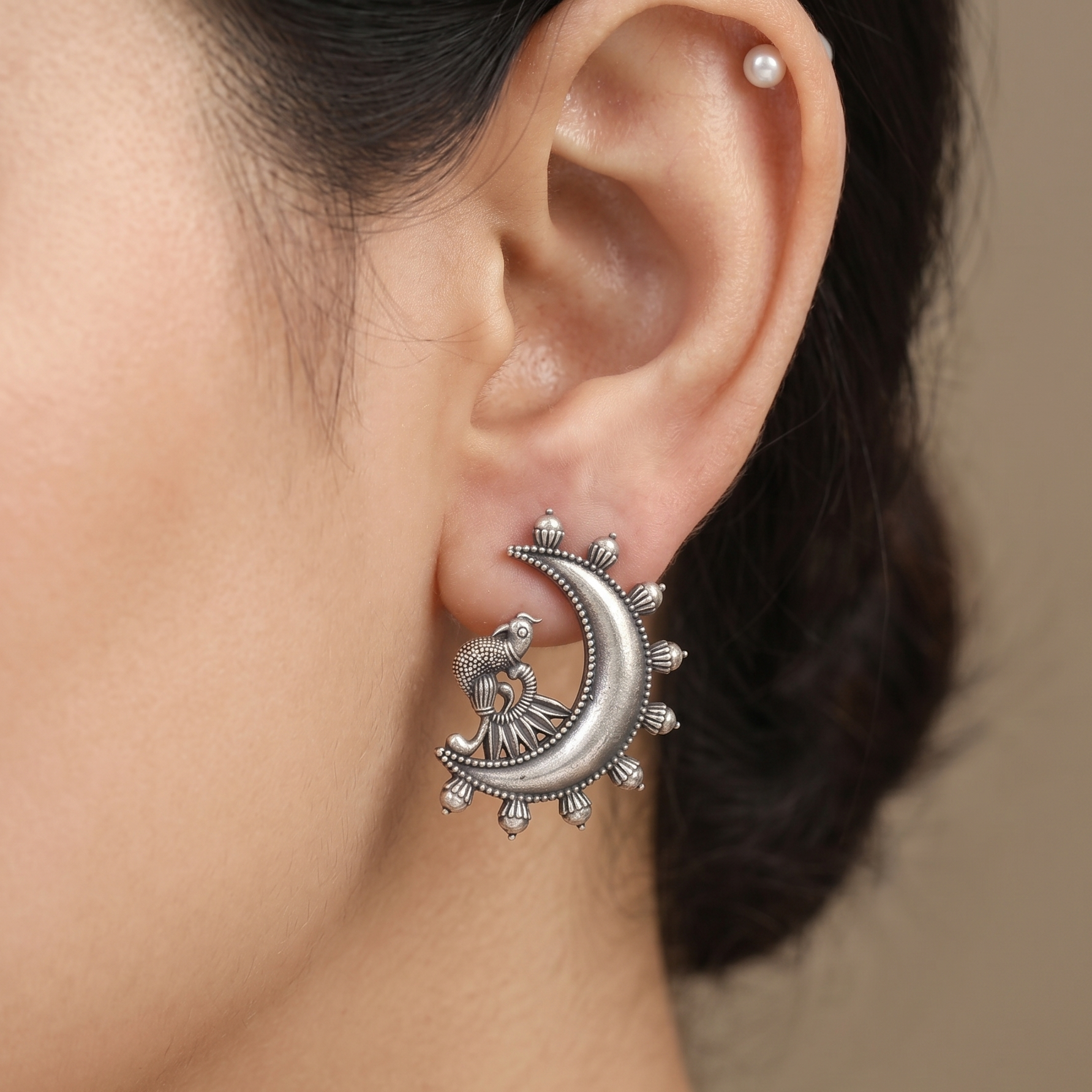 Oxidised Silver Crescent Peacock Stud Earrings
