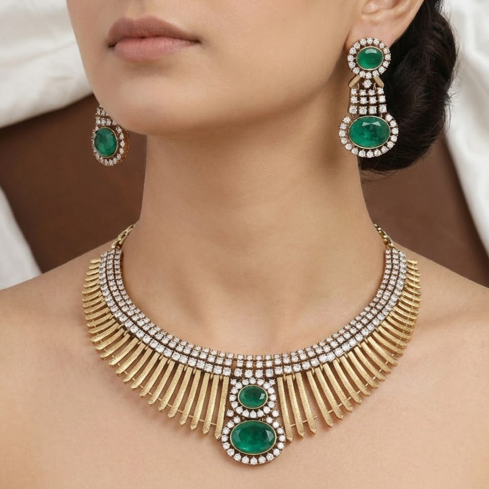 Sophisticated Emerald and Diamond-Look Diamond Necklace Set