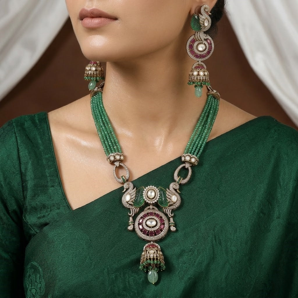 Royal Swan Motif Emerald Bead Necklace Set with Jhumkas