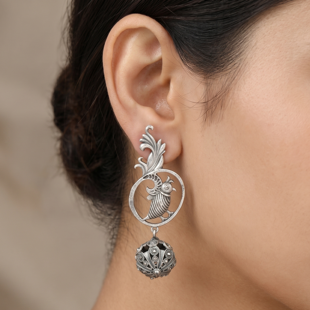 Oxidized Silver Bird Motif Drop Earrings