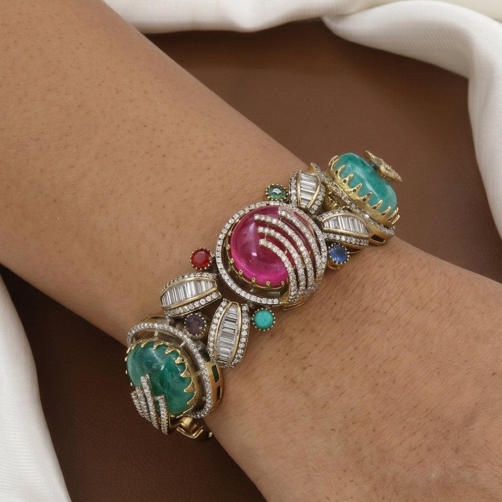 Luxury Cabochon & Baguette Statement Bracelet Kada