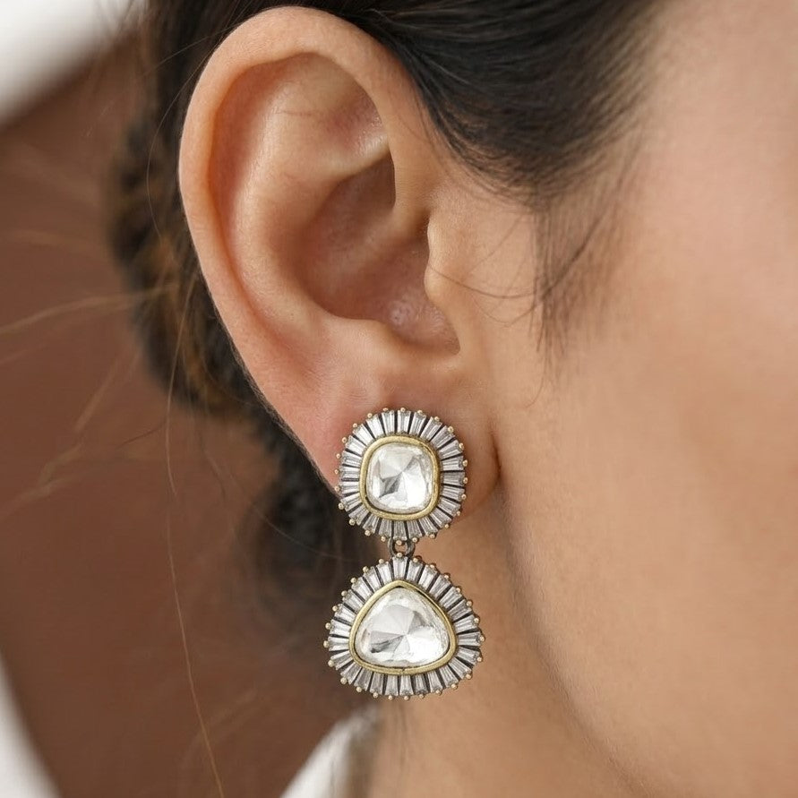 Polki Baguette Crystal Drop Kundan Earrings