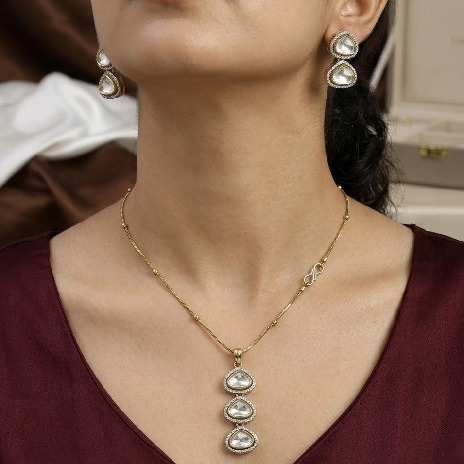 Delicate Gold Plated Polki Kundan Pendant Necklace Set