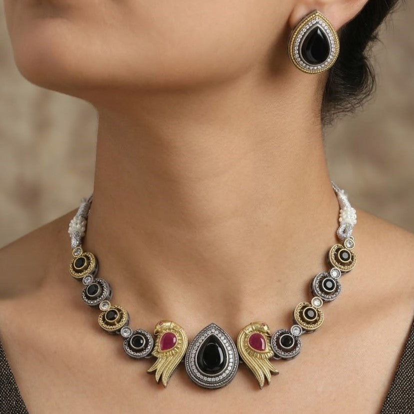 Dual-Tone Black Onyx Necklace Set with Gold Bird Motifs