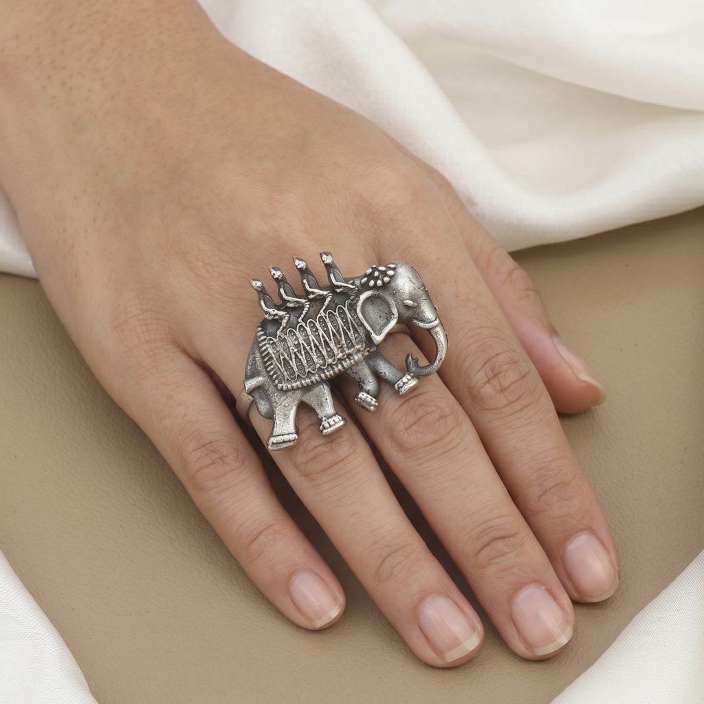 Oxidised Silver Elephant Statement Ring