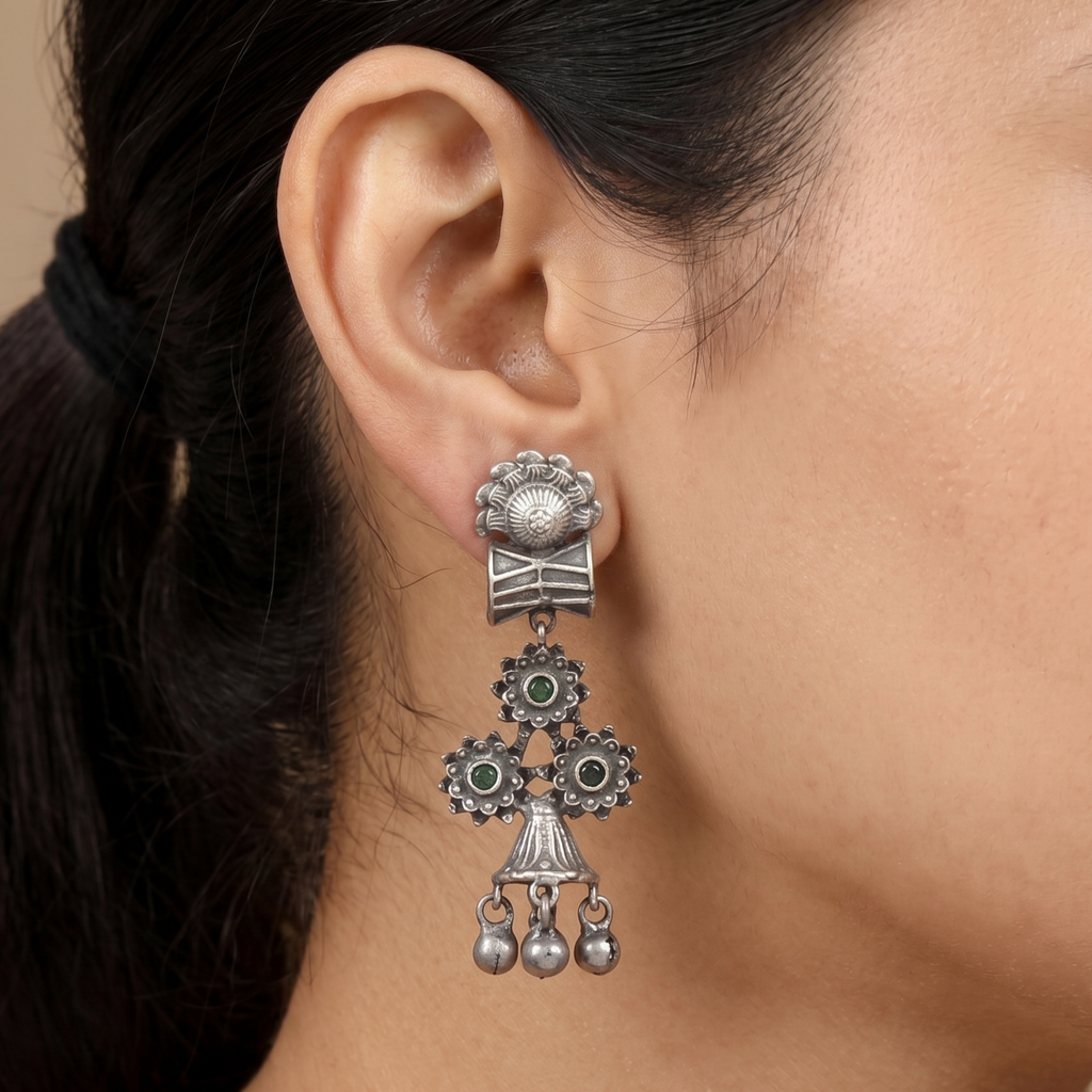 Oxidized Silver Damru & Floral Drop Earrings with Green Stones