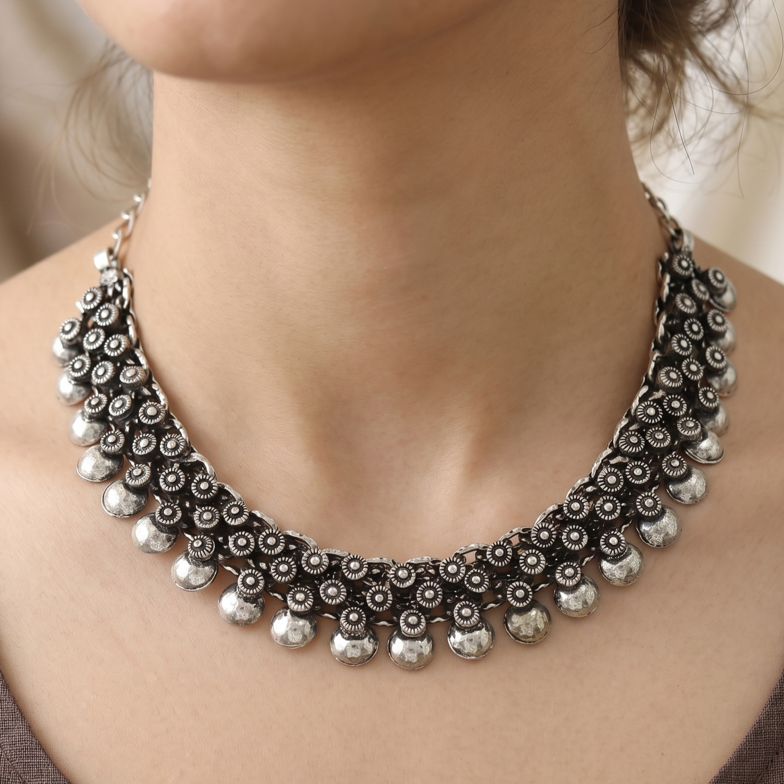 Oxidized Silver Floral Coin Choker (Only Choker)