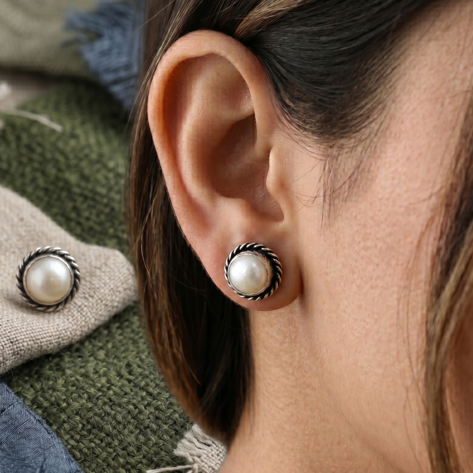 Oxidized Silver Pearl Stud Earrings