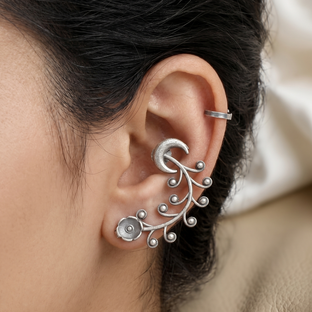 Oxidized Silver Crescent Moon Ear Cuff