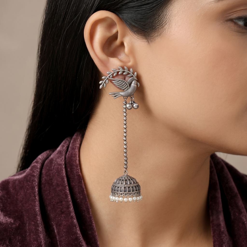 Tribal Oxidized Silver Long Chain Jhumkas