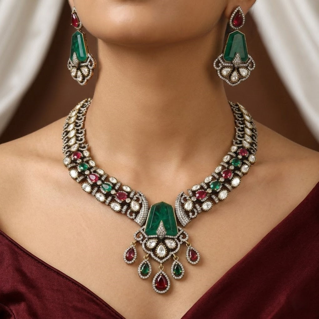 Royal Emerald Green & Ruby Pink Bridal Choker Necklace Set