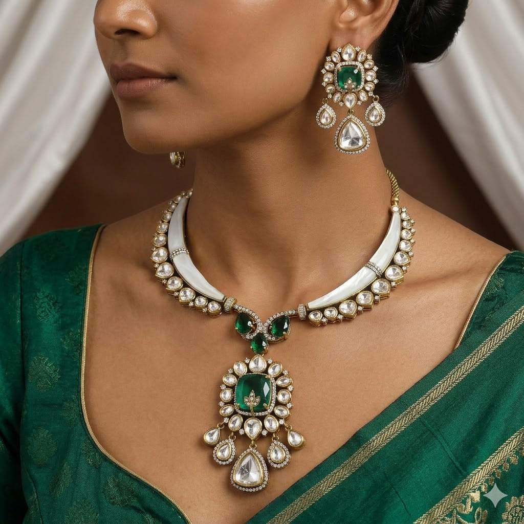 Royal Mother of Pearl Polki Necklace Set with Emeralds