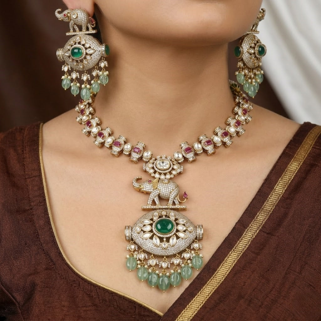 Antique Elephant Design Kundan & Emerald Jewelry Set