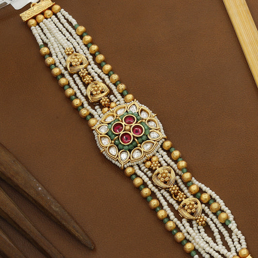 Antique Broad Kundan Moti Wedding Bracelet