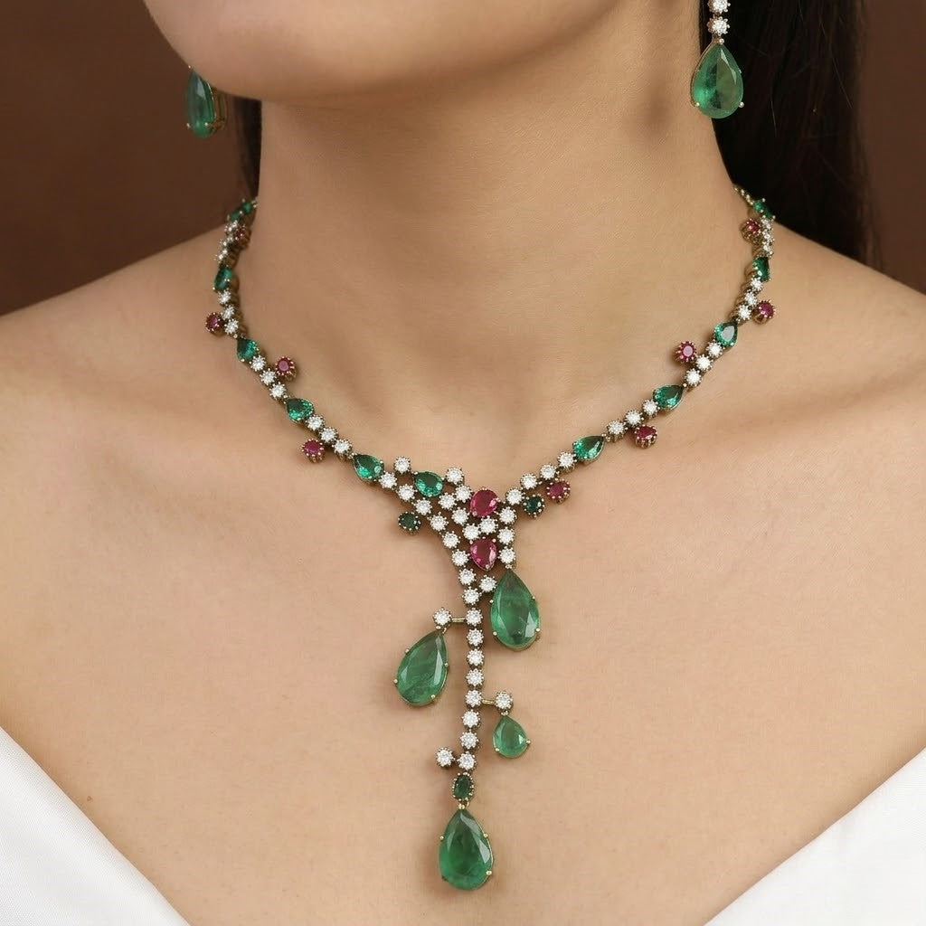 Elegant Emerald & Ruby Teardrop Necklace Set