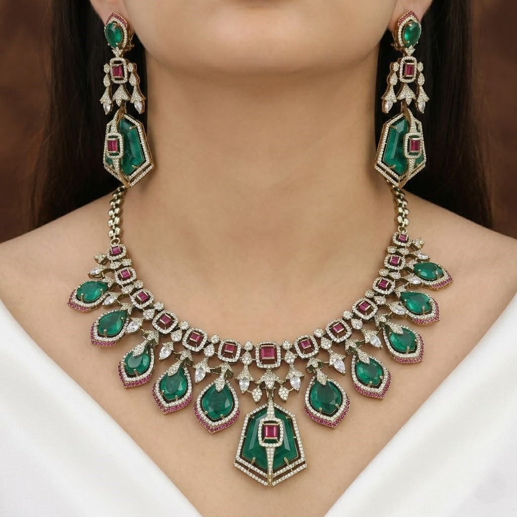 Luxury Emerald & Ruby Statement Diamond Necklace Set