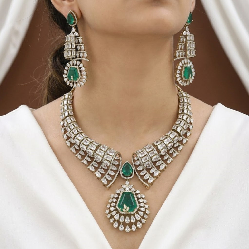 Luxury Statement Necklace & Earring Set with Emeralds & Baguette Stones