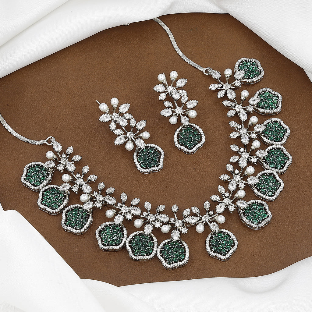 CZ & Pearl Floral Diamond Necklace and Earring Set