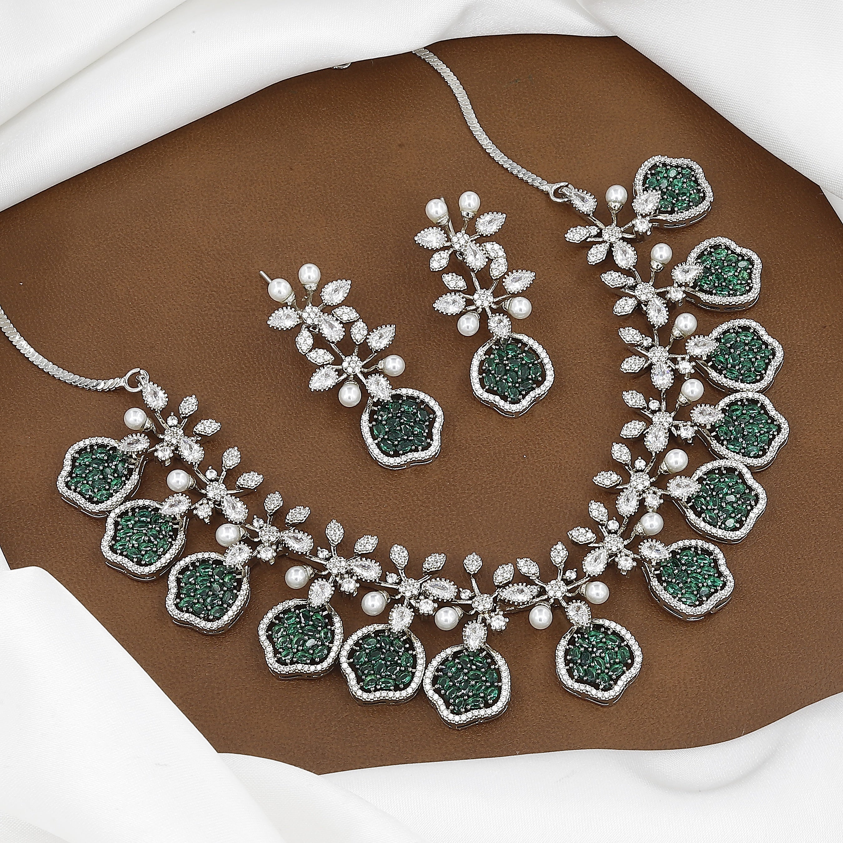 CZ & Pearl Floral Diamond Necklace and Earring Set