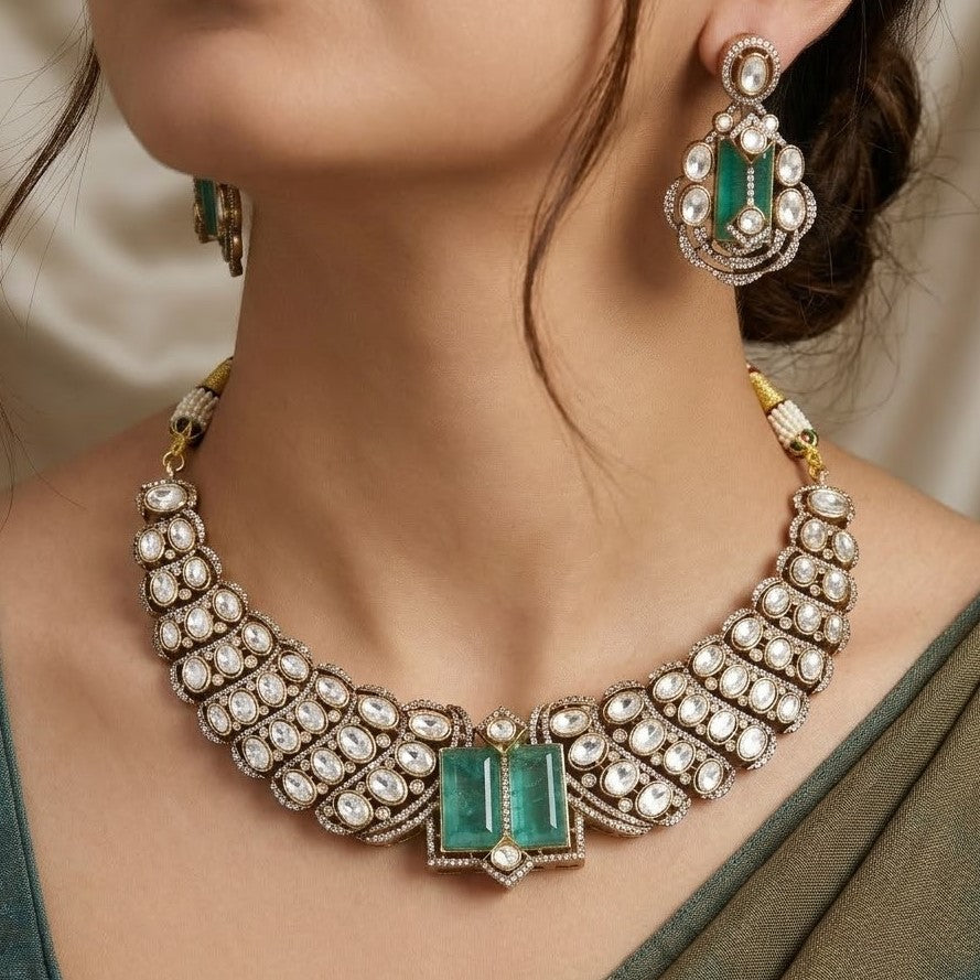Royal Polki & Emerald Choker Necklace Set with Earrings