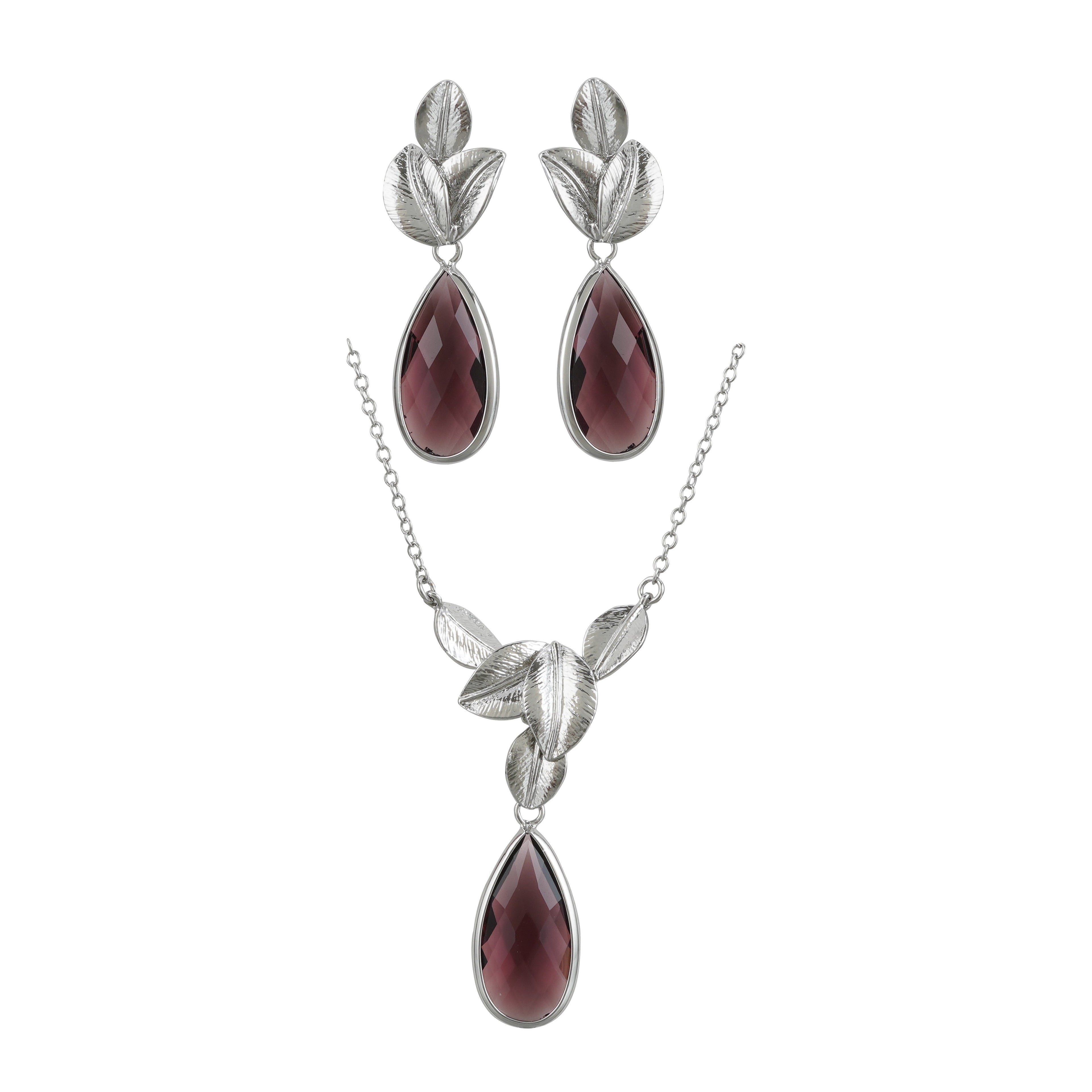 18k Silverpolished Leaf Swarovski Design Pendent Set