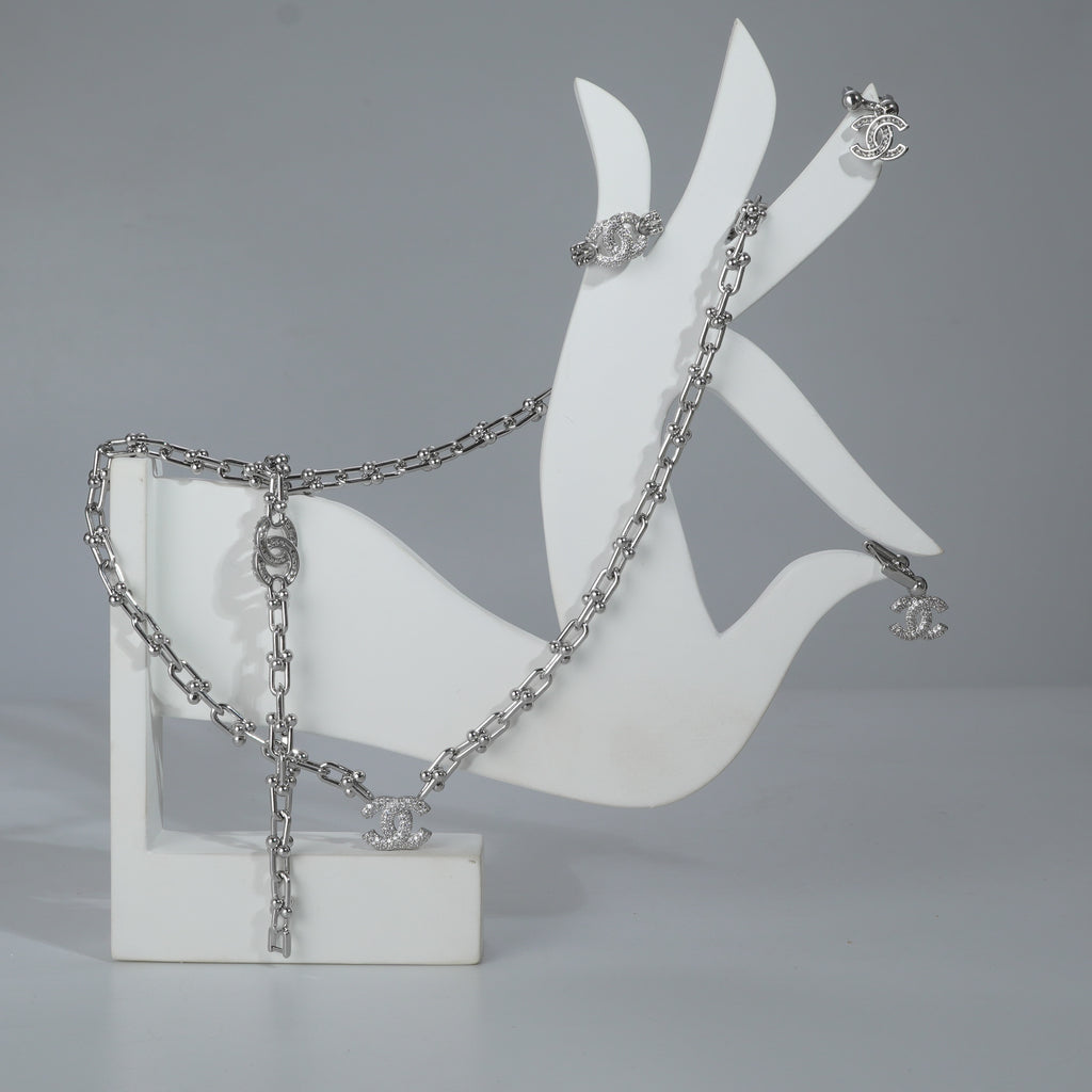 Silverpolished Diamond Full Set Combo Jewelry