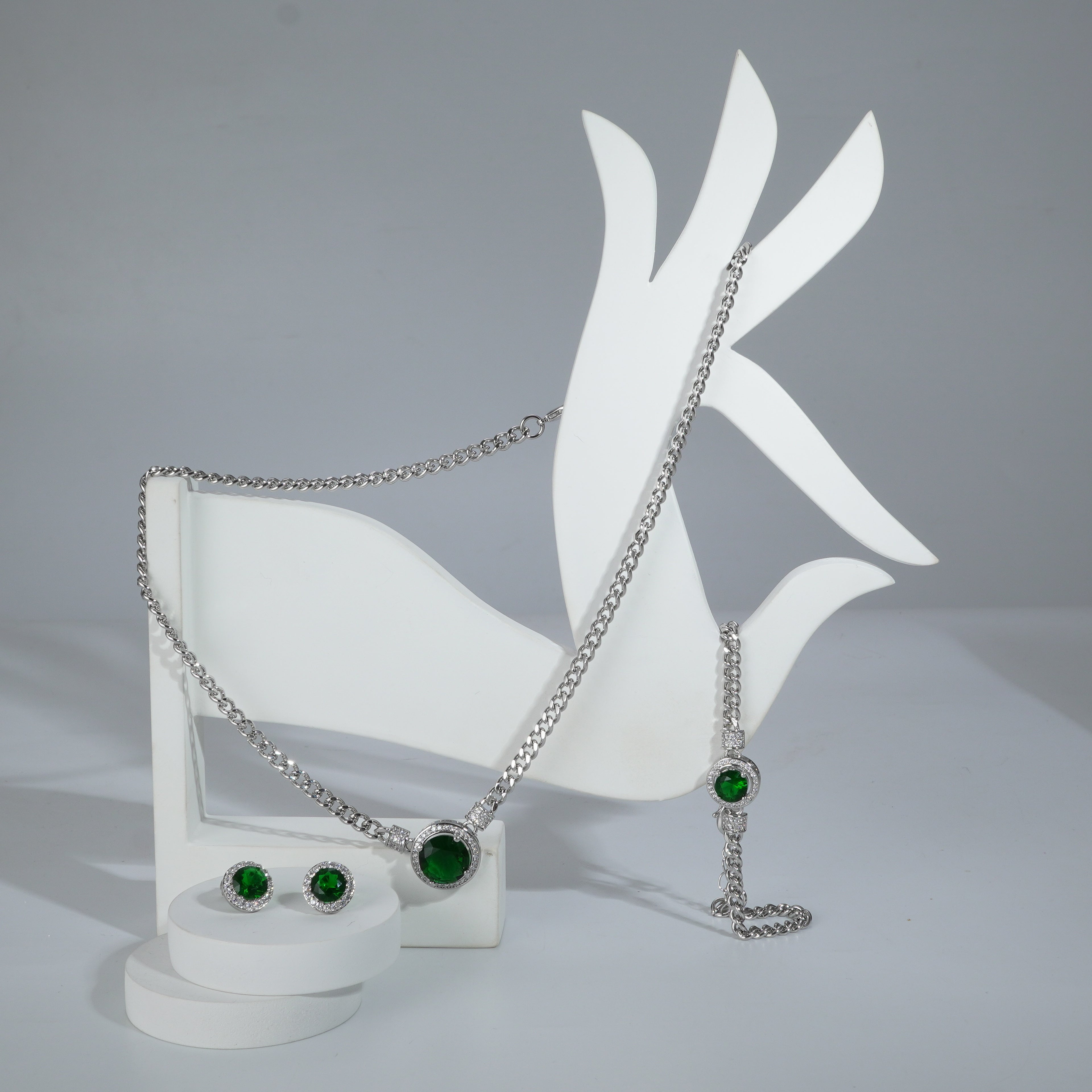 Green Big Stone Silverpolished Full Set Combo Jewelry