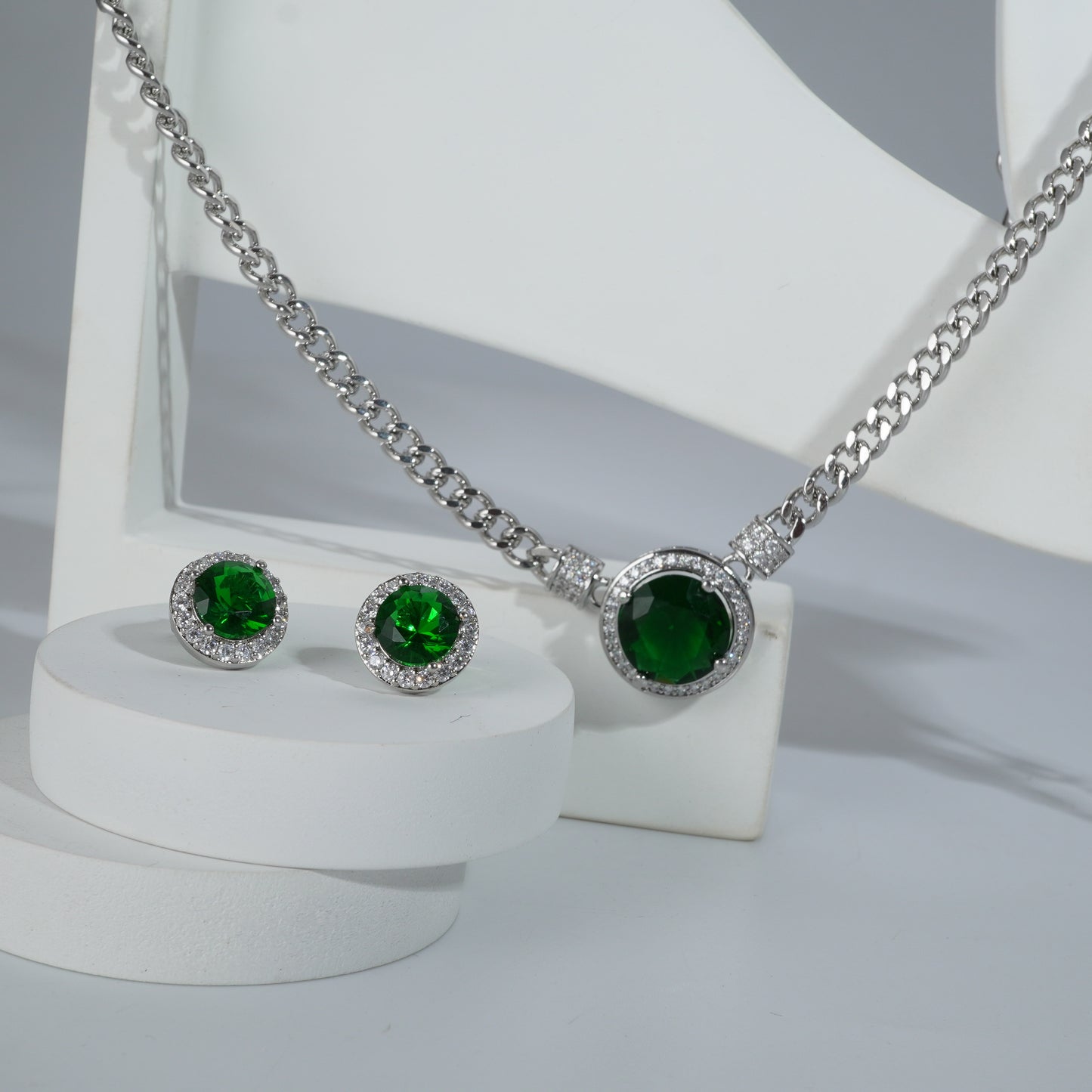 Green Big Stone Silverpolished Full Set Combo Jewelry