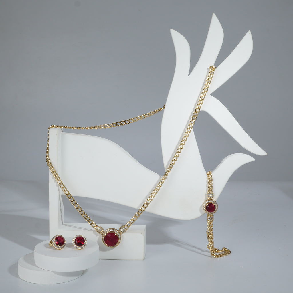 Red Big Stone Goldpolished Full Set Combo Jewelry
