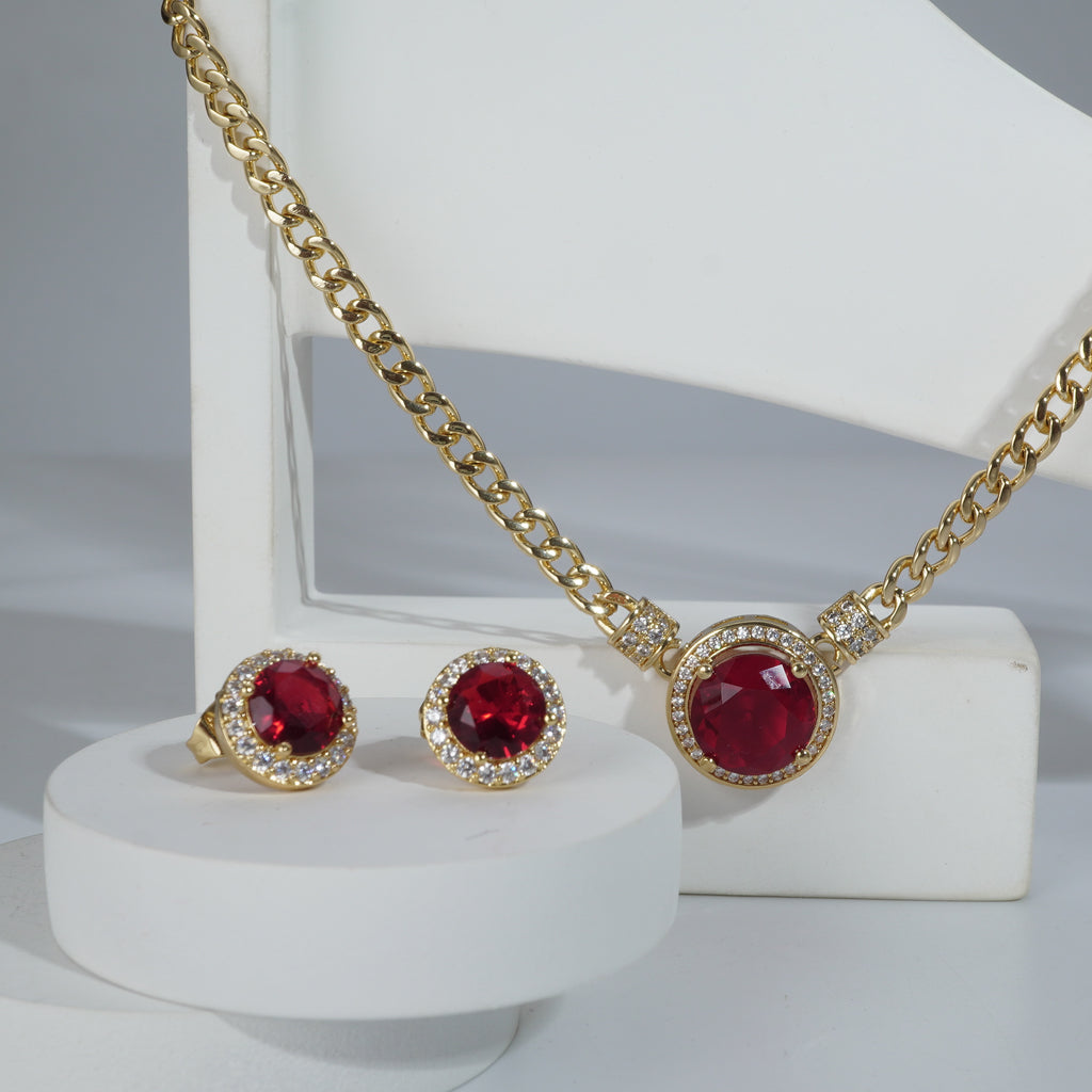 Red Big Stone Goldpolished Full Set Combo Jewelry