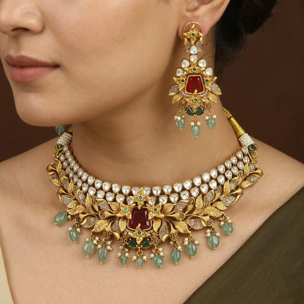 Traditional Kundan Floral Choker Necklace & Earrings Set