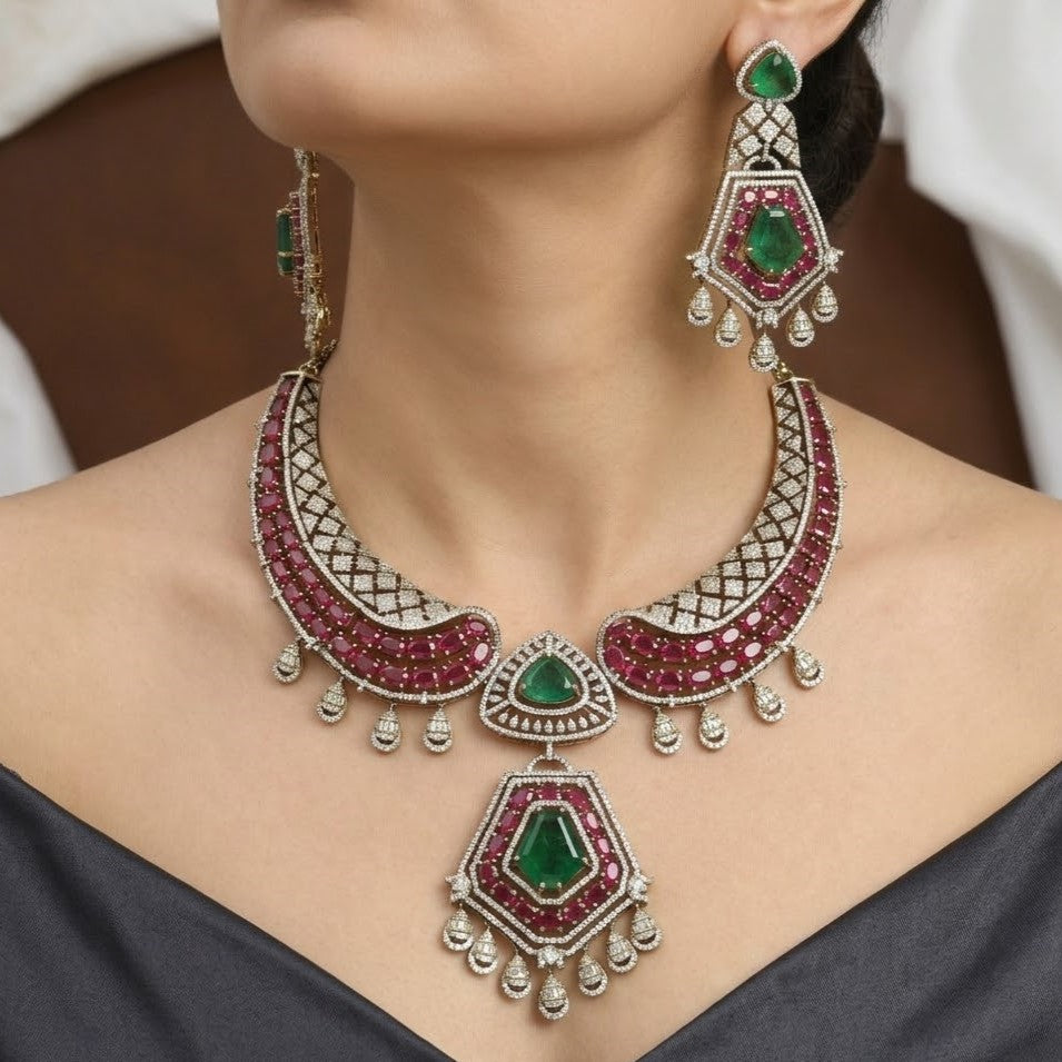 Mehndi Polished Exquisite Ruby and Emerald Diamond Necklace Set