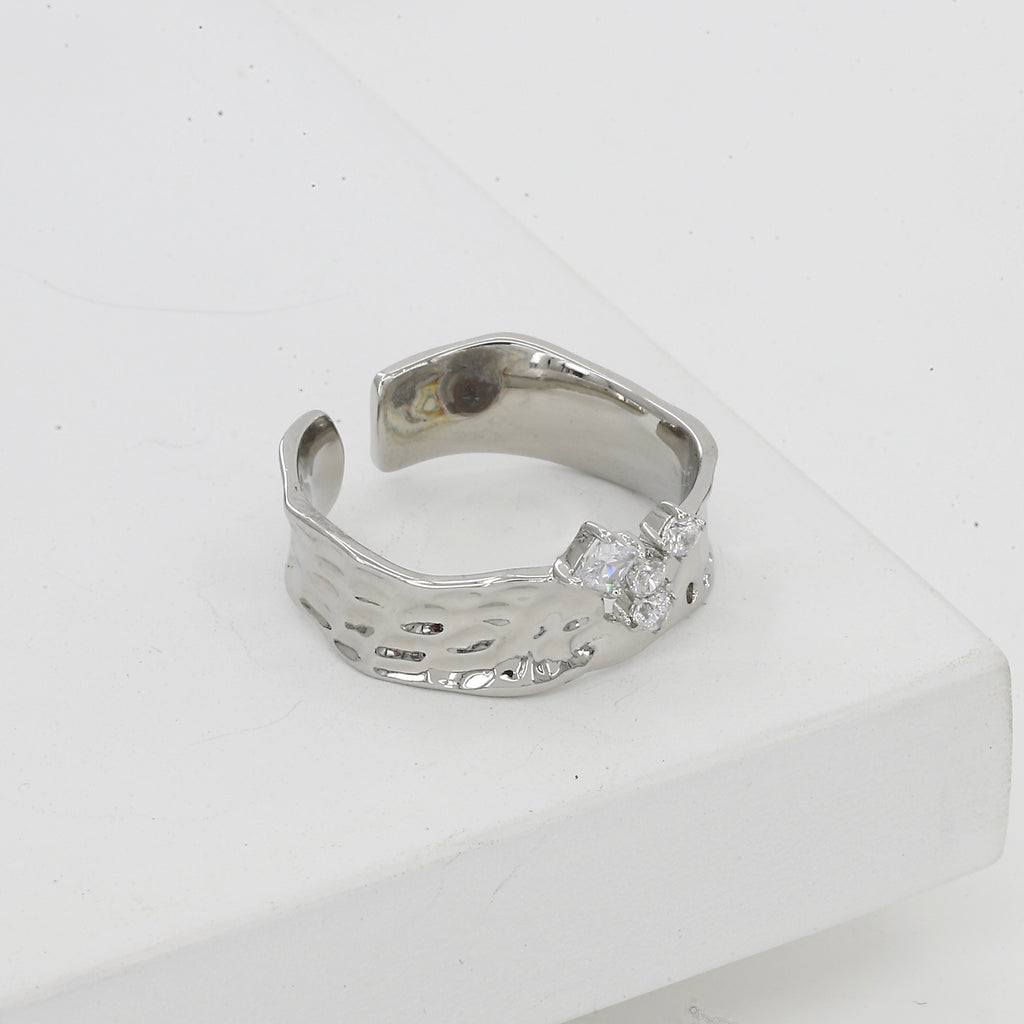 Organic Hammered Silver Adjustable Ring with Crystal Cluster