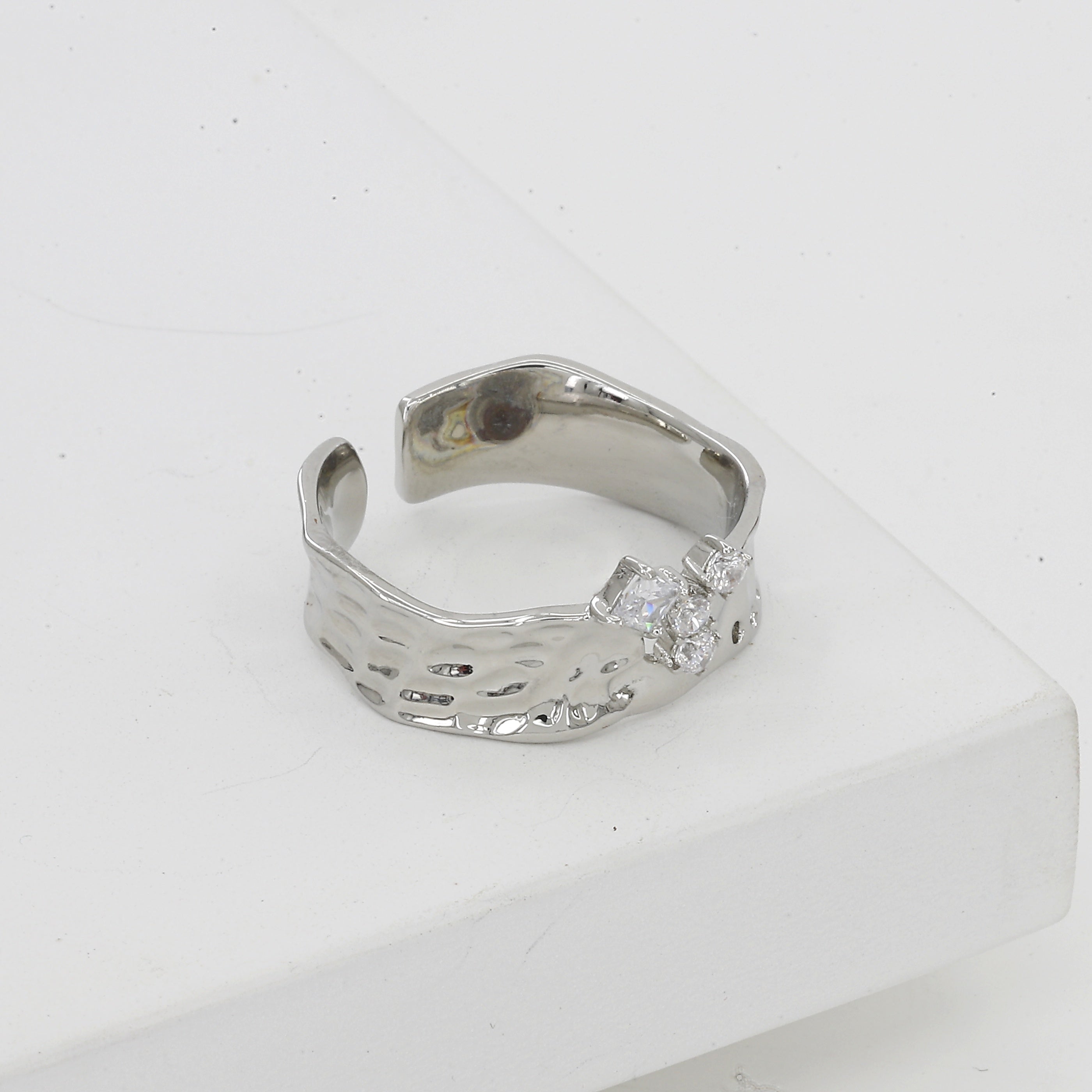Organic Hammered Silver Adjustable Ring with Crystal Cluster