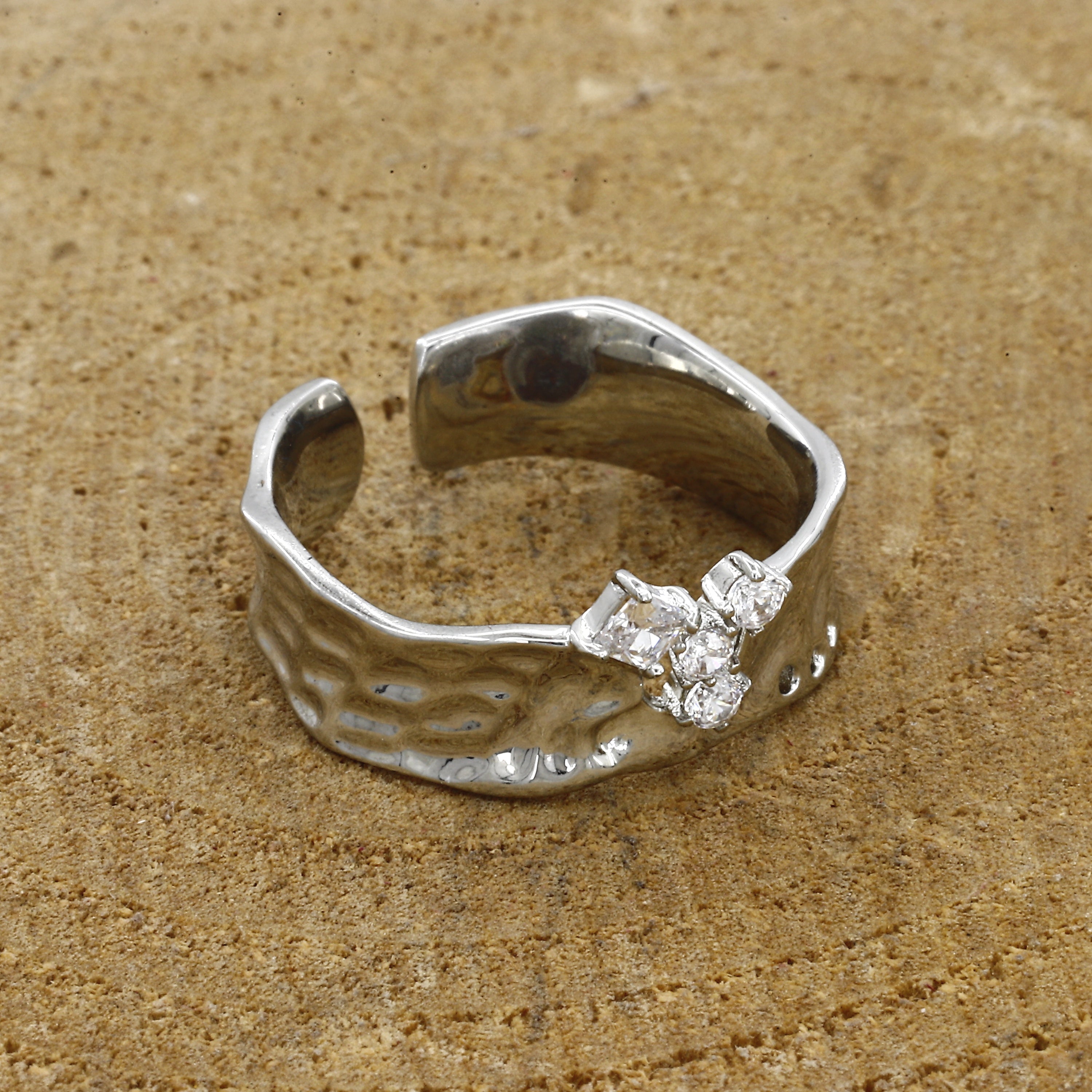 Organic Hammered Silver Adjustable Ring with Crystal Cluster