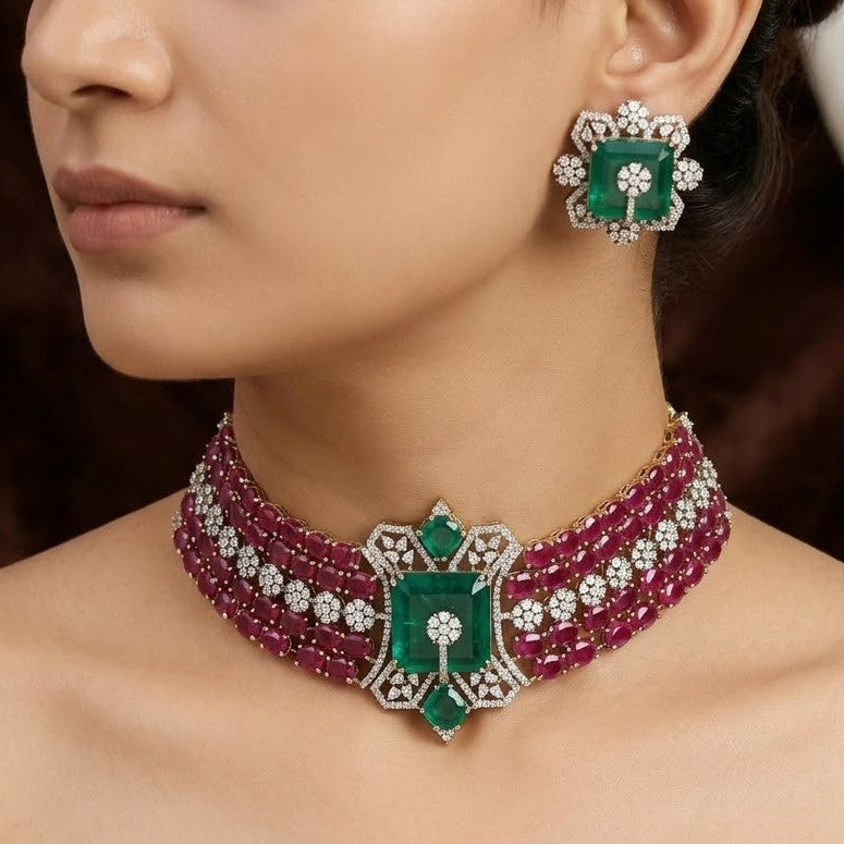 Mehndi Polished Regal Ruby and Emerald Diamond Necklace Set