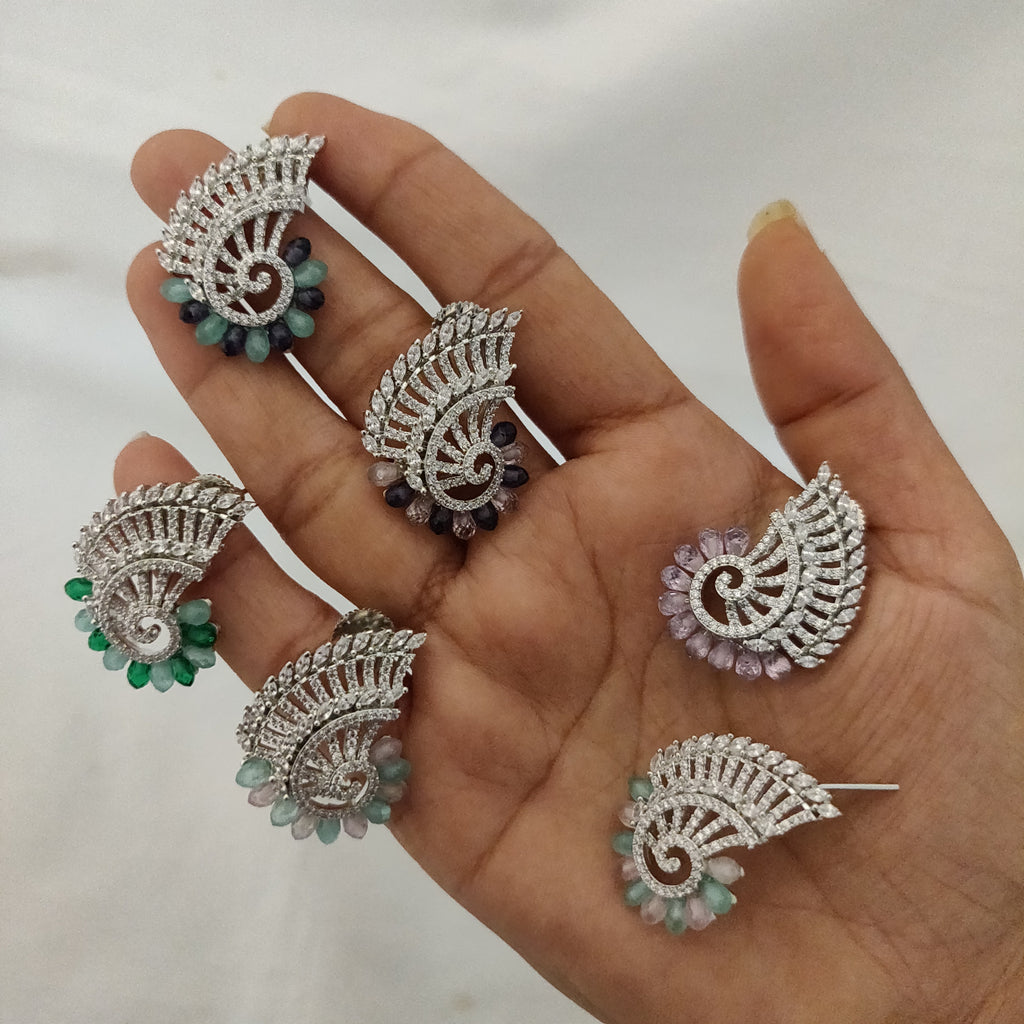 Fan-Shaped Emerald & Statement Stud Earrings with Colors