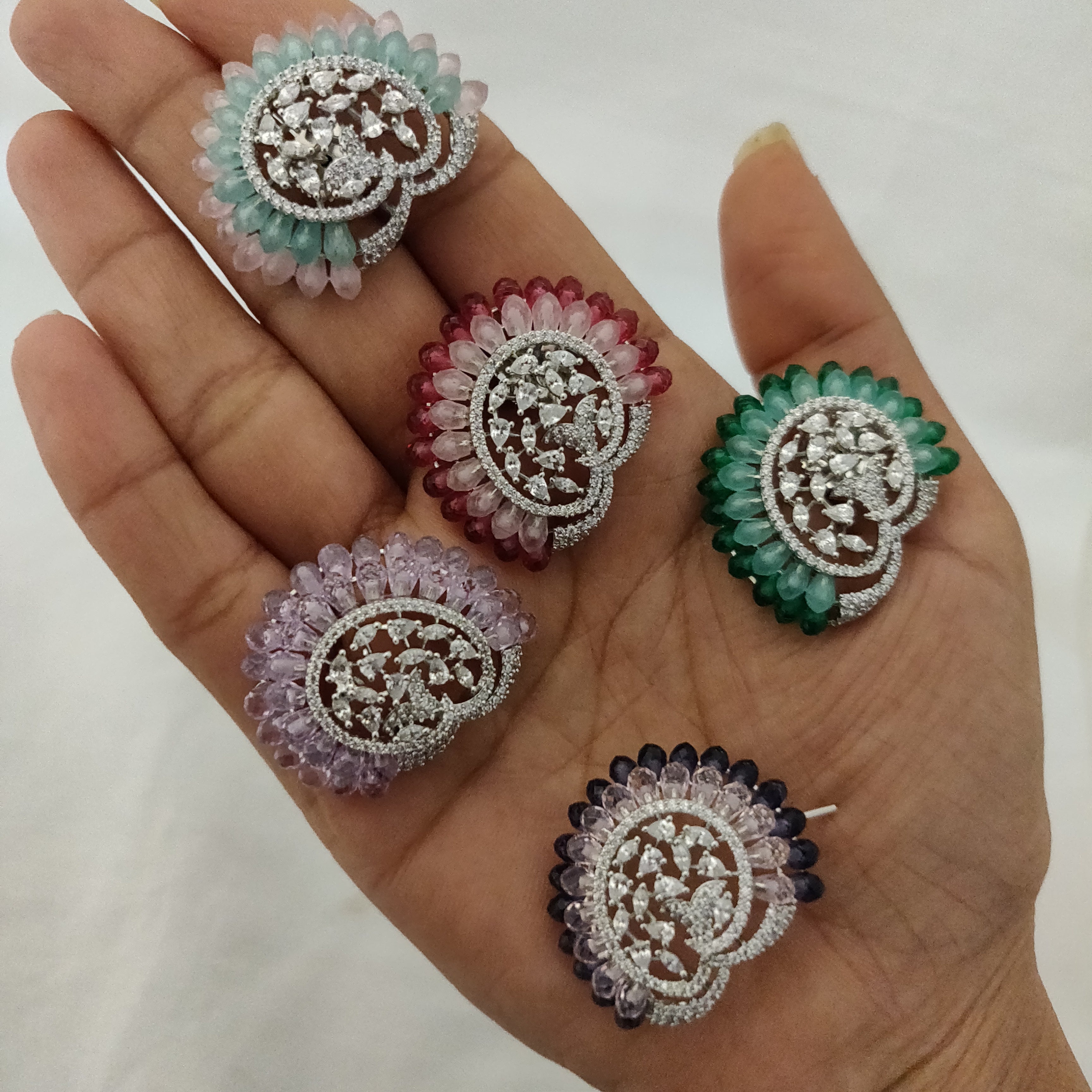 Intricate Emerald and Swirl Statement Stud Earrings with Colors