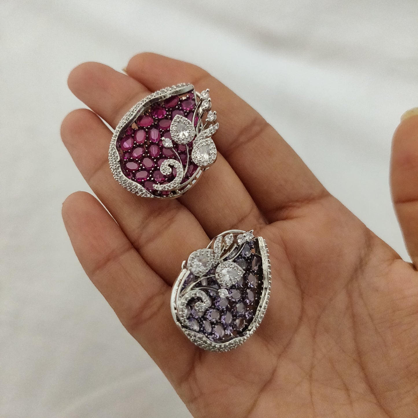 Bold Silver-Tone Amethyst-Colored Pave Crystal Earrings