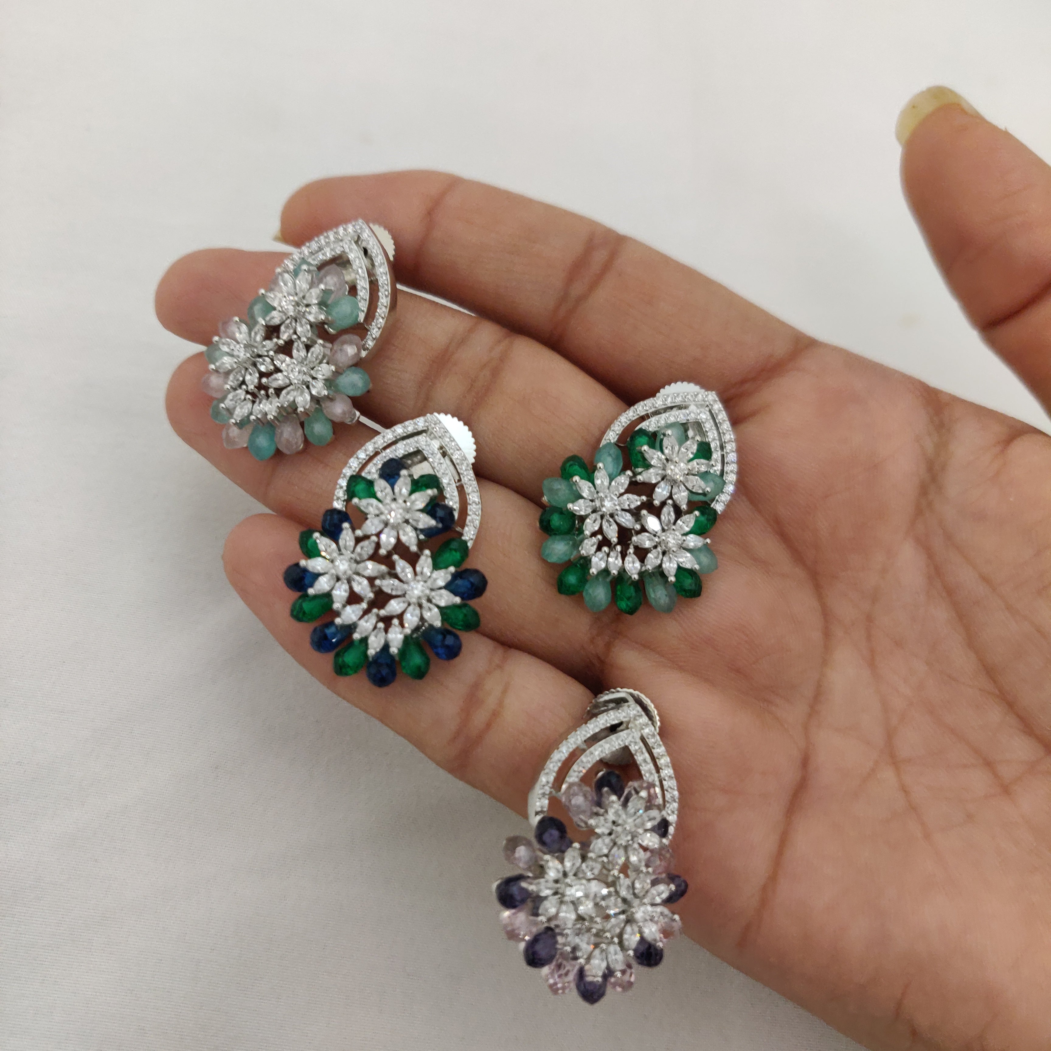 Sapphire & Emerald Look Floral Cluster Drop Earrings with Colors