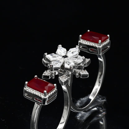 Double Finger Wear Silver Diamond Ring