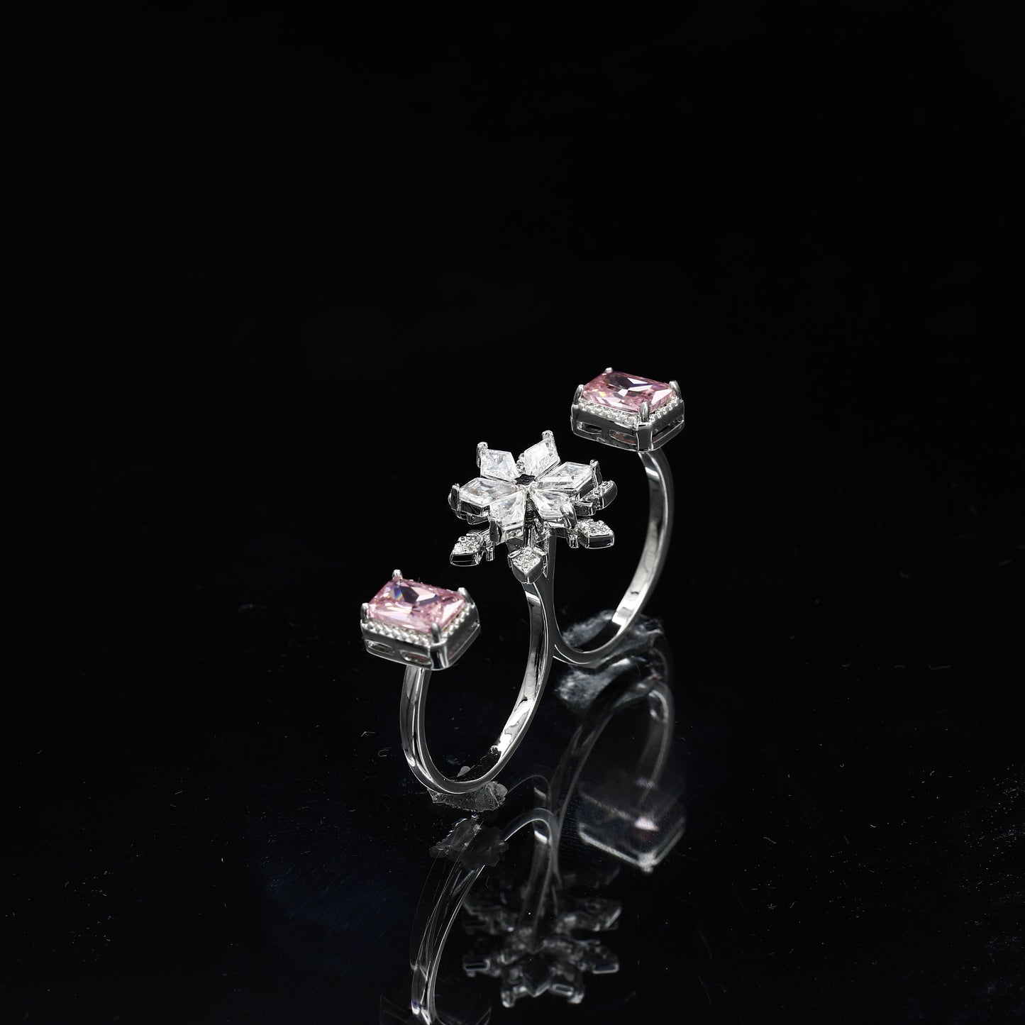 Double Finger Wear Silver Diamond Ring