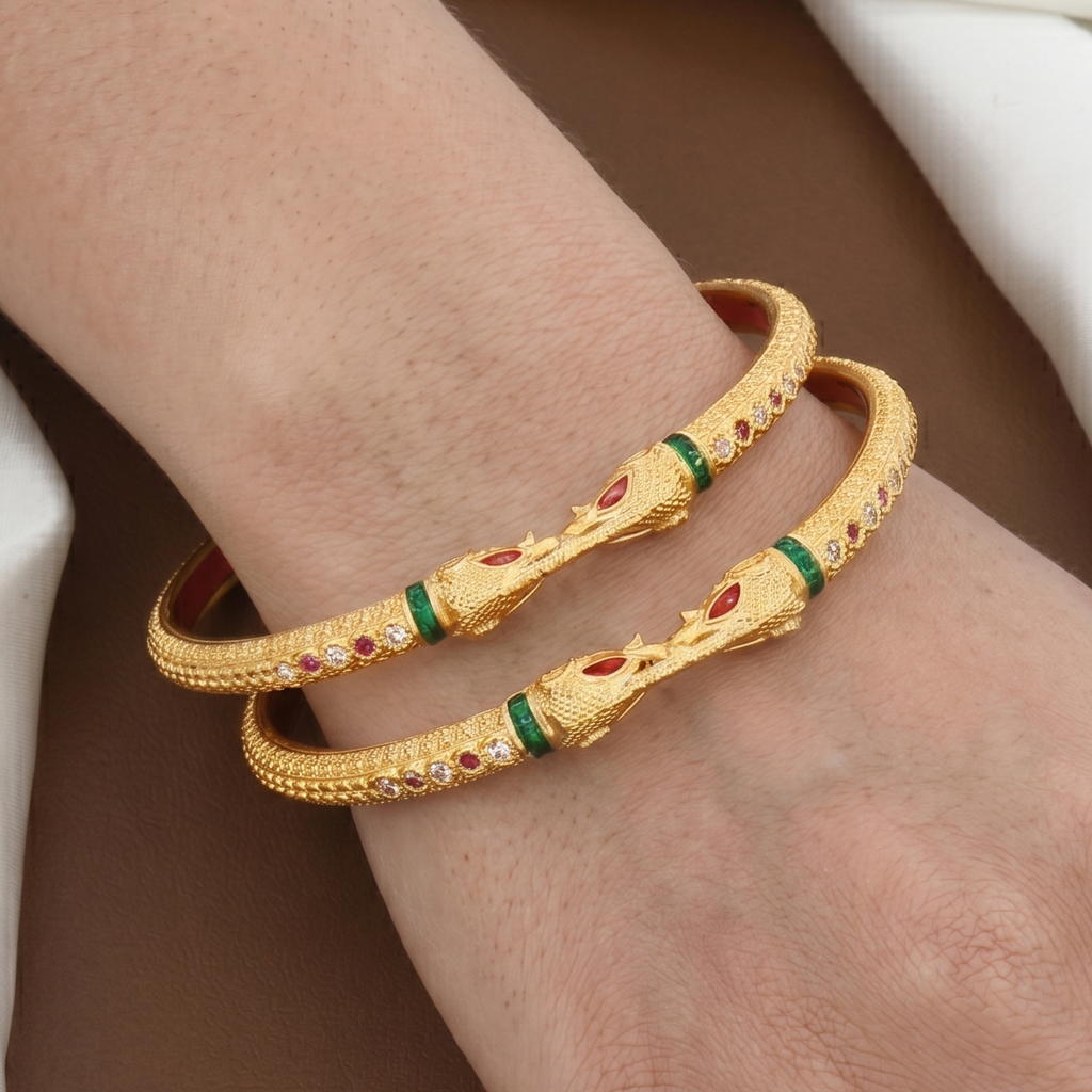 Gold Plated Elephant Mouth Kada Bangle Pair Of 2